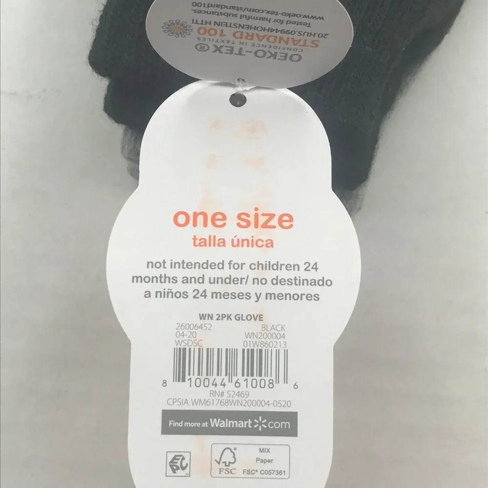 2 Pair Pack Wonder Nation Children's Gloves Black And Gray Ages Over 24 Months